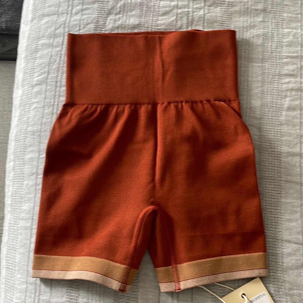 White Fox Boutique Rust Orange High-Waist Athletic Shorts with Contrast Hem